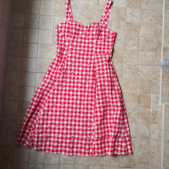 Avec Les Filles Red Gingham Cherry Pie Sweetheart Neck Fit & Flare Dress Pockets - Picture 4 of 16